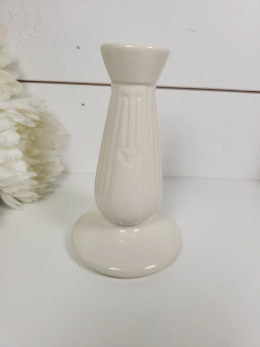 Vintage Pair of White Ceramic Pottery Candlestick Holders,  Art Deco Design